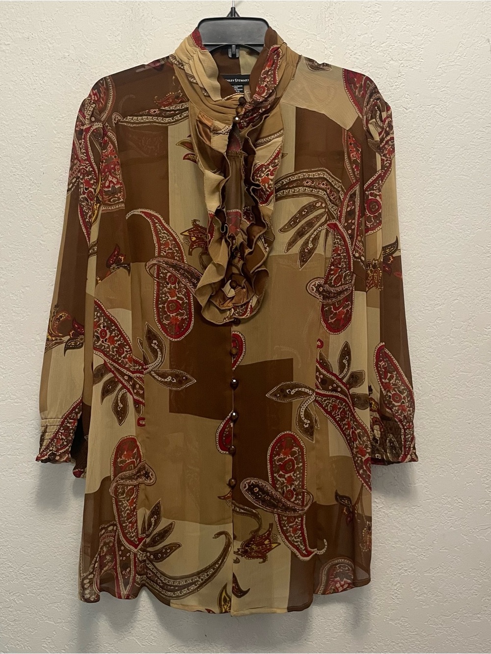 Ashley Stewart Women’s Ruffle Neck Blouse Top Size 16W Brown Multi Paisley